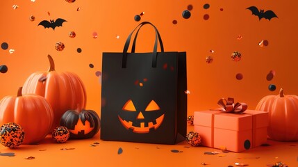 Halloween Shopping Bag with Pumpkin, Gift Box, and Confetti on Orange Background. Creative Holiday Celebration Design. AI generated illustration