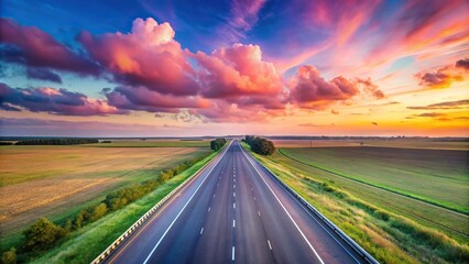 Empty highway road with pink clouds in the sky