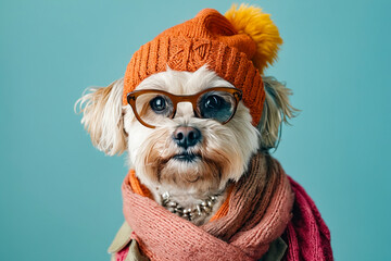 Canvas Print - A small dog wearing glasses and a scarf