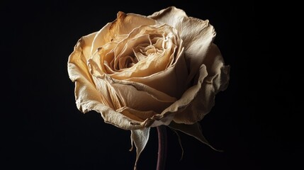 Wall Mural - Dried rose with delicate petals, dramatically lit against a dark black background, highlighting textures.