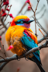 Poster - A colorful bird sitting on a tree branch with red flowers