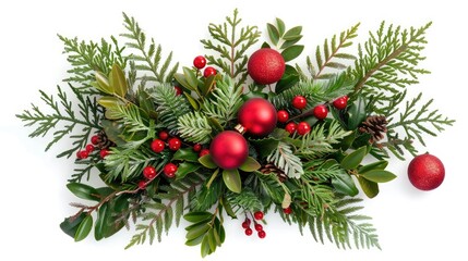 Aufkleber - Christmas traditional winter flora greenery with red ball decorations on white background Festive nature bouquet for the holiday season Yule Noel New Year