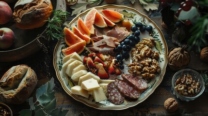 A plate with appetizers and walnuts