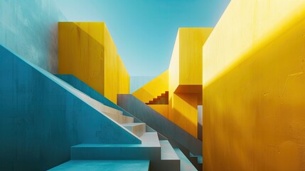 Leinwandbilder - Minimalist architecture stylish wallpapers Trendy colours combination Yellow and blue Geometry and details