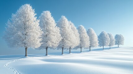 Winter Wonderland: A row of snow-covered trees stand tall against a crisp blue sky, creating a serene and picturesque winter landscape.  The soft, white snow blankets the ground, while the trees shimm