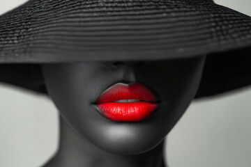 Poster - A mannequin wearing a black hat and red lipstick.