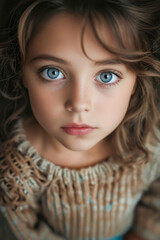 A little girl with blue eyes looking at the camera.