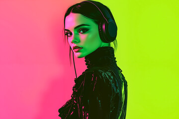 Canvas Print - A woman wearing headphones standing in front of a colorful background