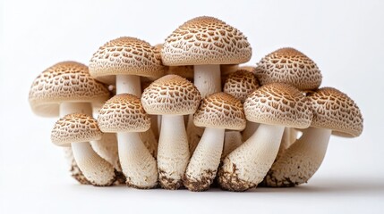 Group of brown Shimeji mushrooms, arranged naturally on a white background, emphasizing their earthy texture.