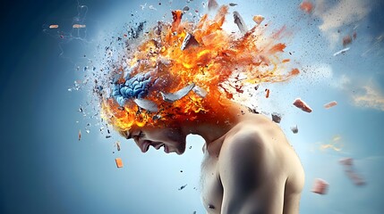 Wall Mural - Man's head explodes with fire and debris.