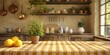 © Neuraldesign - Bright kitchen interior with a checkered tablecloth draped over a wooden countertop, complemented by a potted plant, a vase, and a cabinet with shelves.