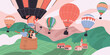 © Rudzhan - Hot air balloon flight. Banner with people soaring and flying in basket in sky among clouds and mountains. Tourists travel on aerial ballon and observe natural landscapes. Flat vector illustration