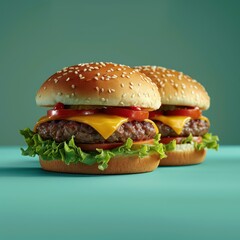 Two Cheeseburgers with Lettuce and Tomato on a Teal Background