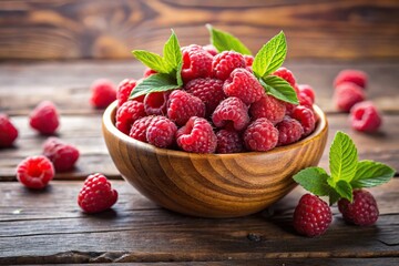 Wall Mural - Fresh raspberries in a bowl on a table, extreme close-up