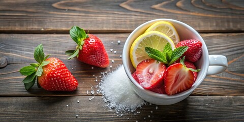 Wall Mural - Fresh strawberries with sugar and lemon in a cup Bird Eye View