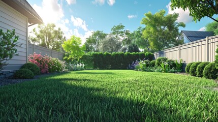 Leinwandbilder - Treeless nice open empty backyard with green grass blue sky