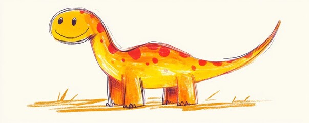 Wall Mural - Playful Doodle of a Friendly Dinosaur in Childlike Style with Bold Lines and Bright Hues