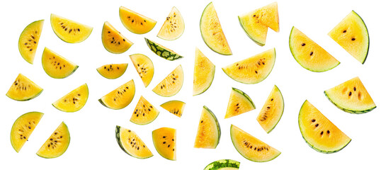 Poster - Yellow watermelon falling on a white background, in full depth of field