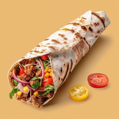 Wall Mural - Grilled Tortilla Wrap Filled with Meat, Vegetables, and Corn