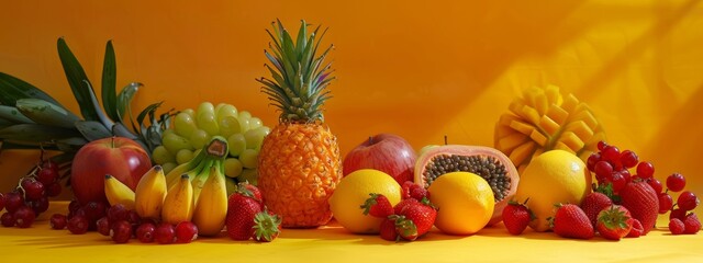 Wall Mural - Bright and colorful tropical fruit assortment on a vibrant orange background