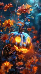 Wall Mural - Enchanted halloween scene with glowing jack-o'-lantern and vibrant autumn flowers AI