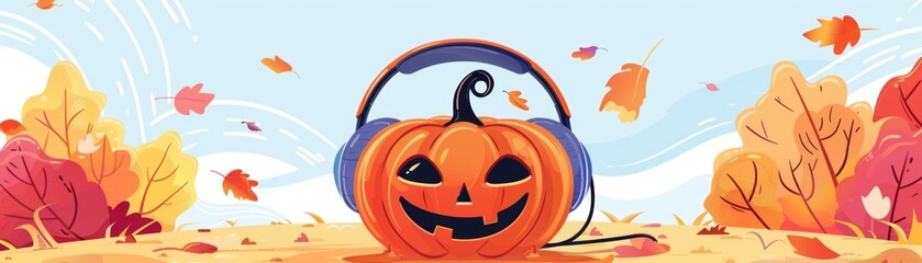 Wall Mural - Halloween pumpkin with headphones in autumn leaves setting AI