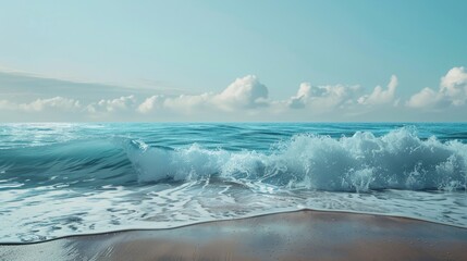 Poster - The image showcases a serene ocean scene with a sandy beach a gentle wave and a distinct blue color gradient