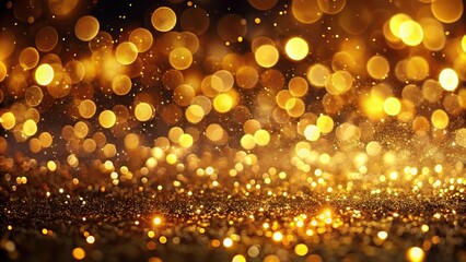 Wall Mural - glittering lights, golden bokeh, dark background, aerial view