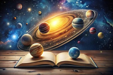 Open book with planets floating. Study about star