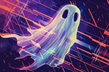 Wall Mural - Vibrant halloween ghost with abstract neon light trails for festive design AI