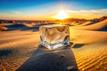 Ice cube melting in the desert at sunrise