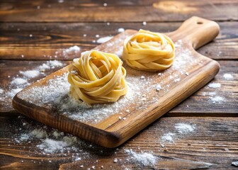 Fresh pasta noodle on cutting board with flour