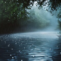 Poster - A misty river scene with rain falling and a tree canopy overhead.