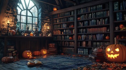 The Wizard's Room with Library, Old Books, Pumpkins, Potions, and Scary Things, 3D Render Illustration. AI generated illustration.