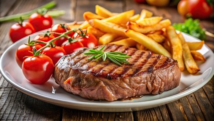 Wall Mural - Grilled steak with fries and tomato garnish on plate