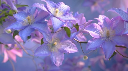 Sticker - Clematis Skyfall with light blue flowers uneven light purple color brightening towards the middle and pink streaks