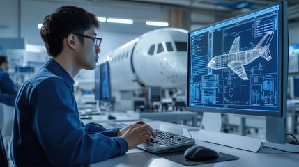 Engineer Using CAD Software for Aircraft Design. Engineer is focused on CAD software for designing an aircraft, showcasing the precision and technology in modern aerospace development.
