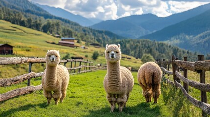 Three fluffy alpacas on a green farm field with scenic mountain views in the background on a sunny day.