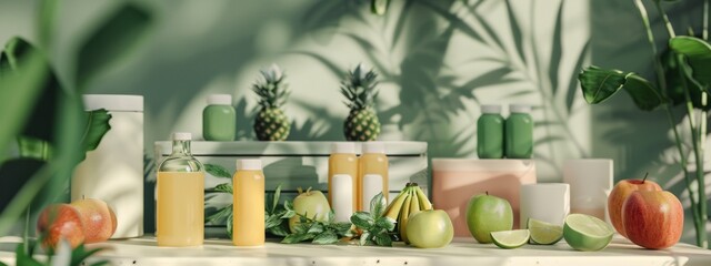 Tropical juice and fruit display with shadowed palm leaves