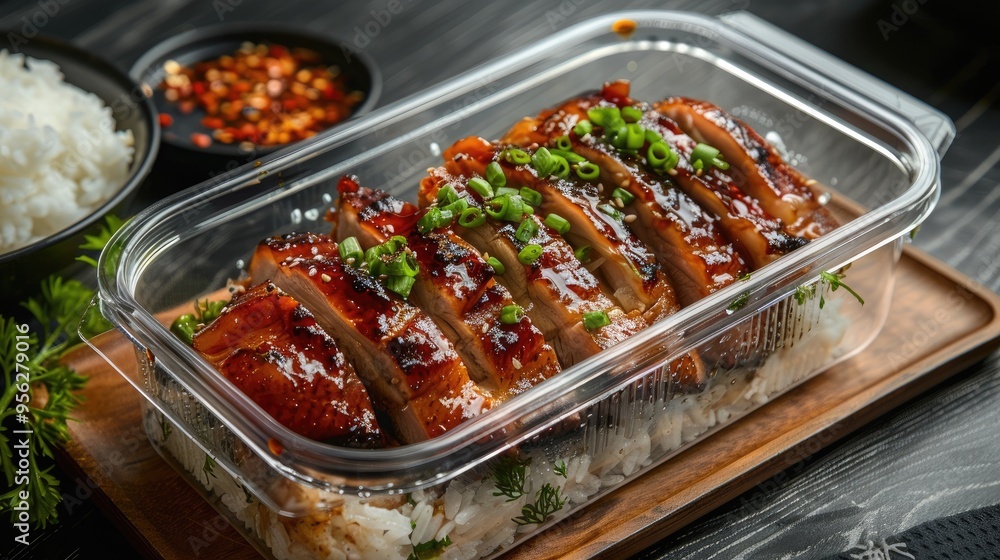 Japanese Rou Roasted pork shao rou siew yook rice in a glass transparent lunchbox ...