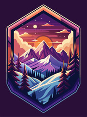 Wall Mural - Sunset Mountain Landscape in Hexagon Frame