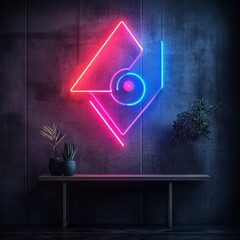 Poster - A neon sign with geometric shapes in pink and blue hues, against a dark wall with plants in pots on a shelf.