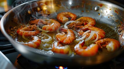 Macro closeup of stainless steel frying pan with sauteing olive oil sweet onion slices and whole large king jumbo Argentinian shrimp seafood cooked on electric stove in home kitchen