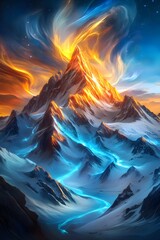 Canvas Print - Mountain Peak with Glowing Streams and Dramatic Sky.