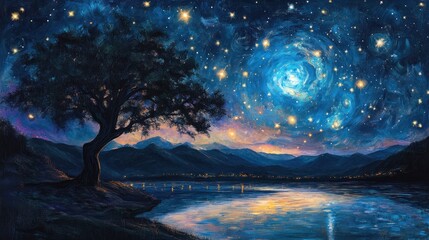 Wall Mural - Starry Night Landscape with Silhouetted Tree