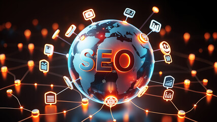 Wall Mural - A digital globe surrounded by icons representing SEO elements like keywords, backlinks, and analytics, all connected by glowing lines