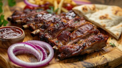 Fried mutton ribs meat with red onion rings sauce and pita bread on the wooden board on the wooden table Close up perspective view shallow depth of field Meat sauce and onion in focus