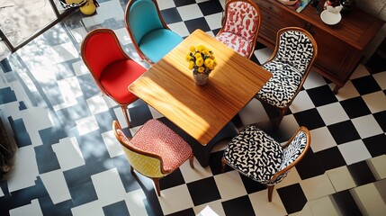 retro style, colorful retro dining chairs, patterned fabric with wooden frames, playful and vibrant, top-down angle, retro dining room with checkerboard floor and vintage table, bright lighting