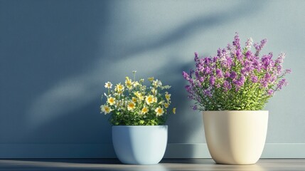 Wall Mural - 3D rendering of decorative ceramic flowers in pots for interior design