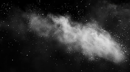 Aufkleber - Freeze motion of white particles on a black background depicted in a 3D cartoon rendering Abstract dust overlay texture from a powder explosion